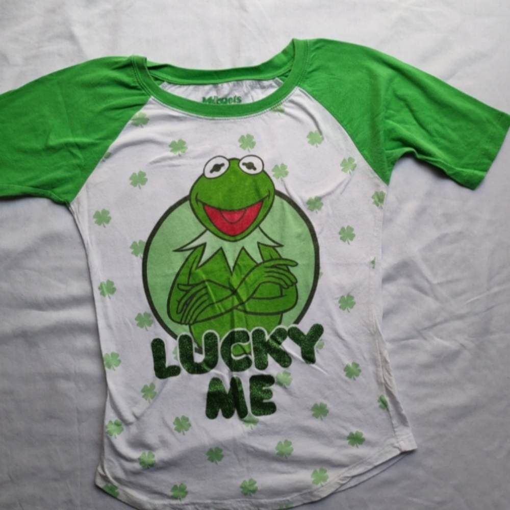 Muppets Kermit the Frog Lucky Me T-shirt Sequin St Patrick's Day Casual Jersey